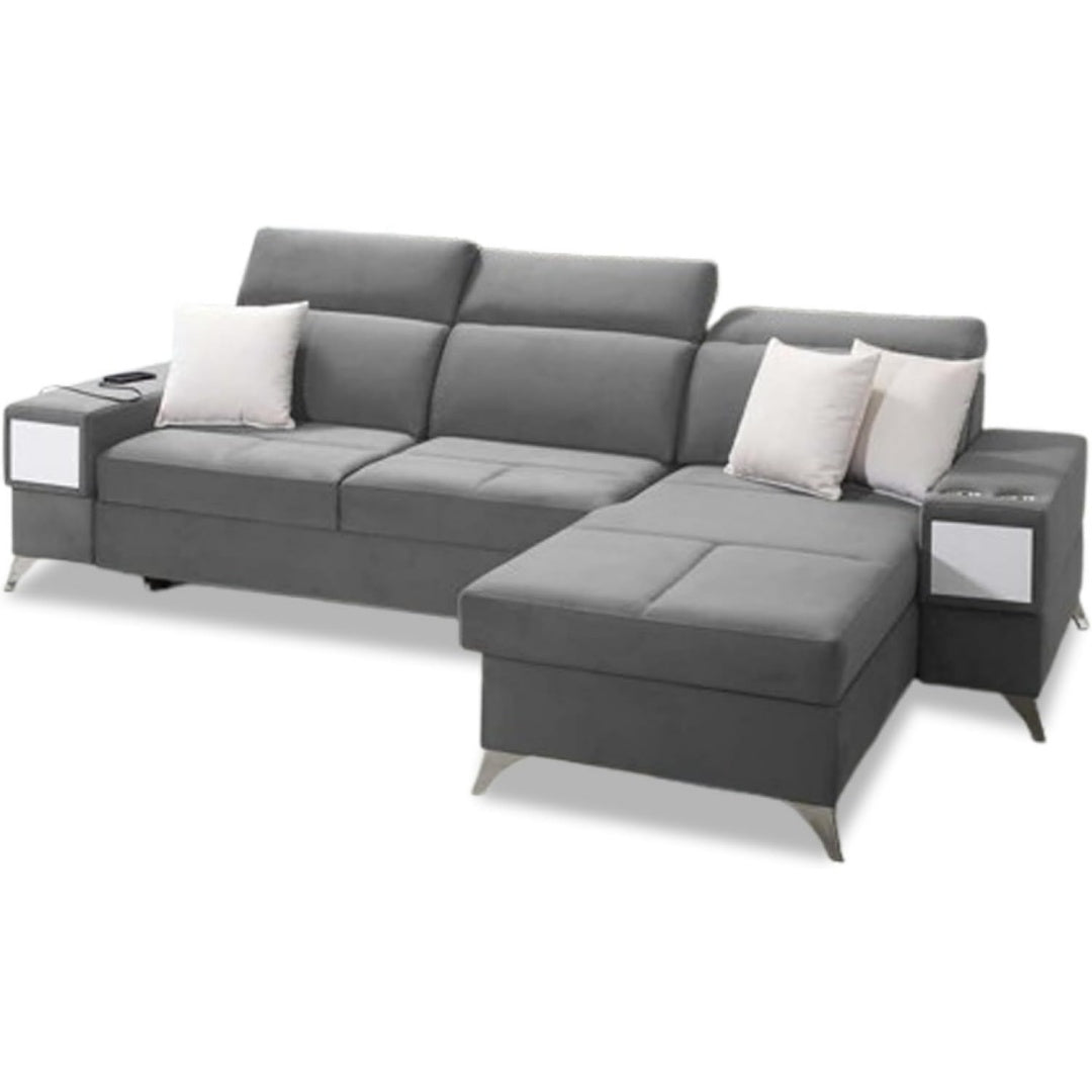 Das Sofa zeigt eine Schlaffunktion in Grau
