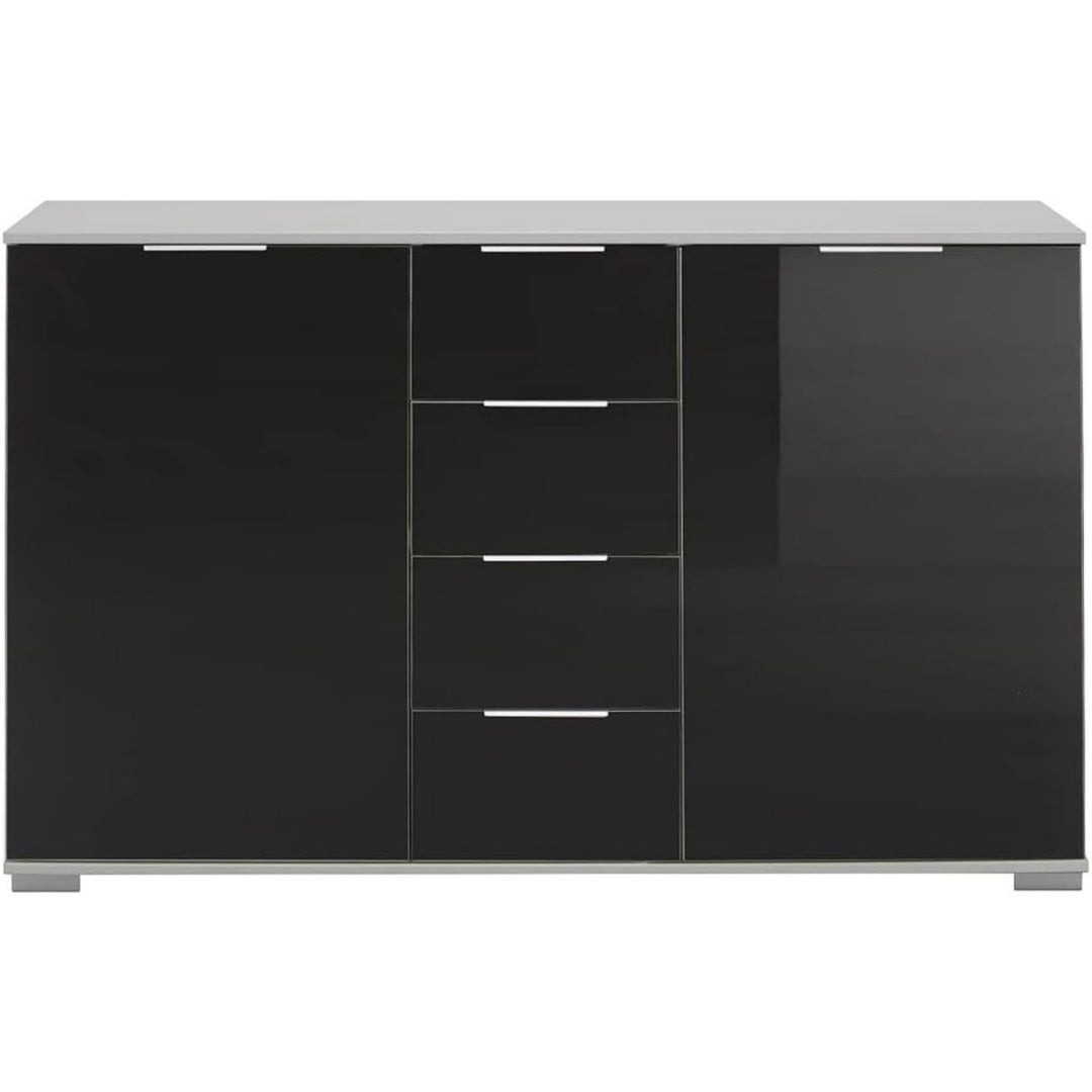 Das Sideboard misst 130 x 83 x 41 cm in Schwarz und Weiss