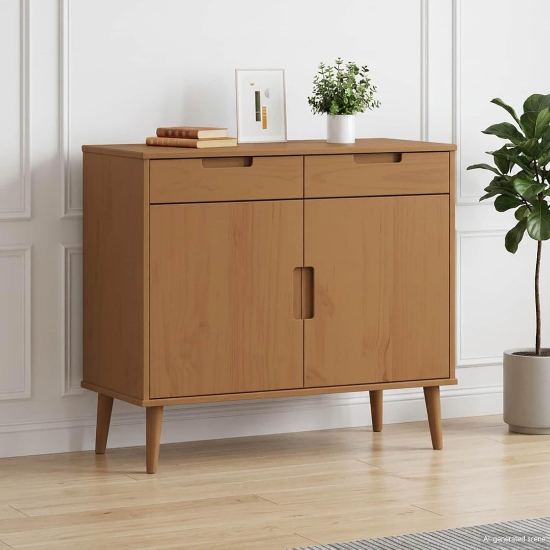 2 Schubladen und 2 Tueren an dem Sideboard