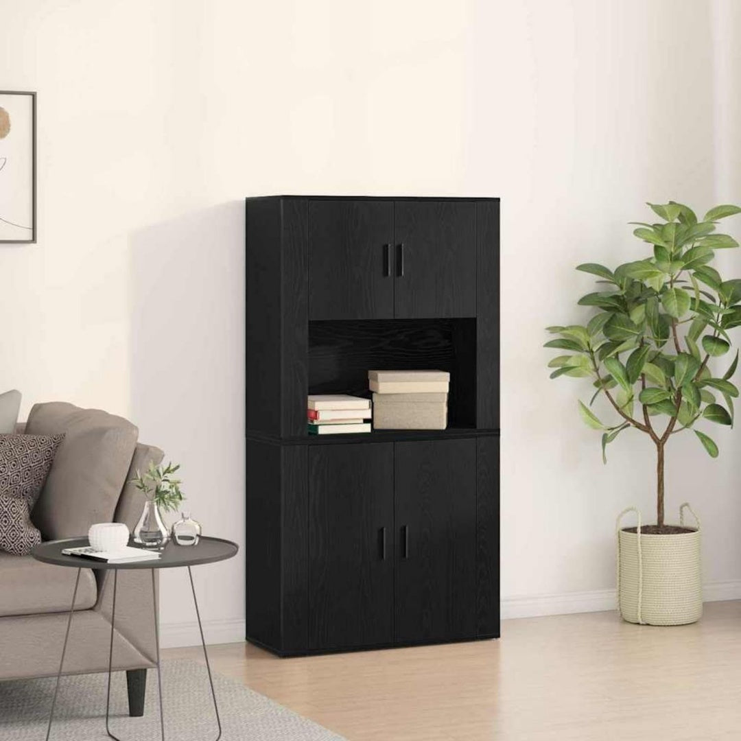 Hochschrank aus Holzwerkstoff und Glas mit geschlossenem Stauraum
